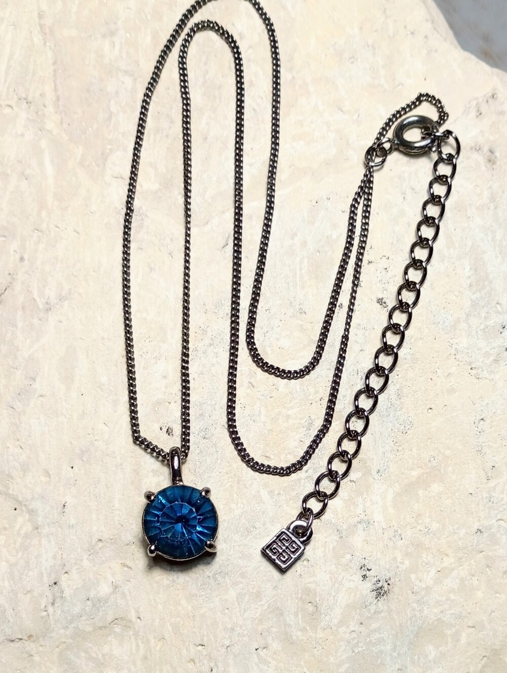 Vintage Givenchy Logo Blue Solitaire Pendant Necklace